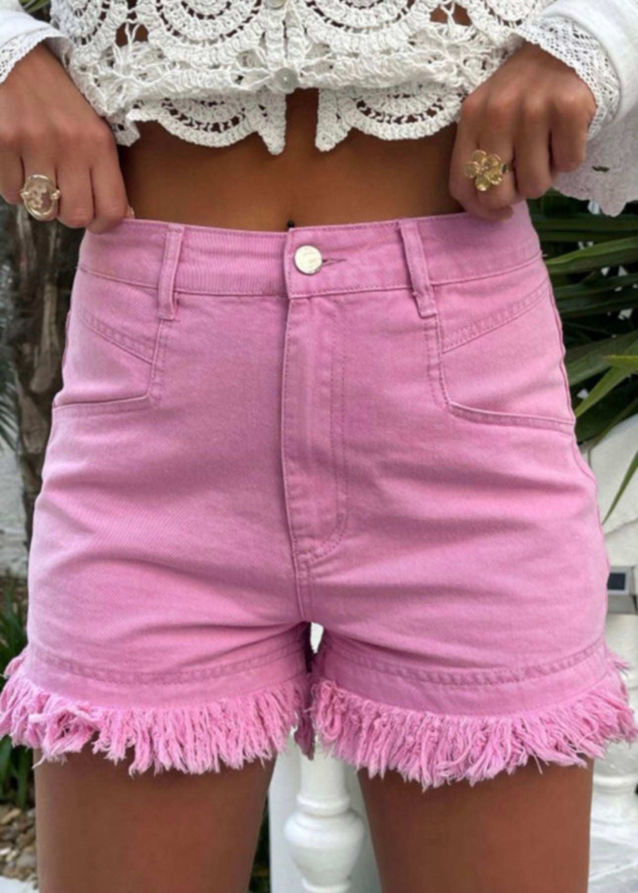 Pink Frayed Edge Mid Rise Denim Shorts