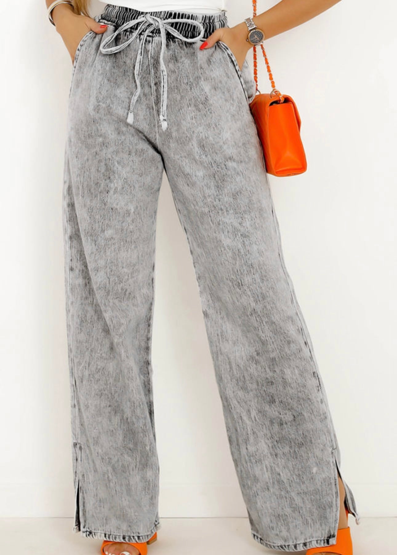 Grey Elastic Wide Leg Flow Jeans