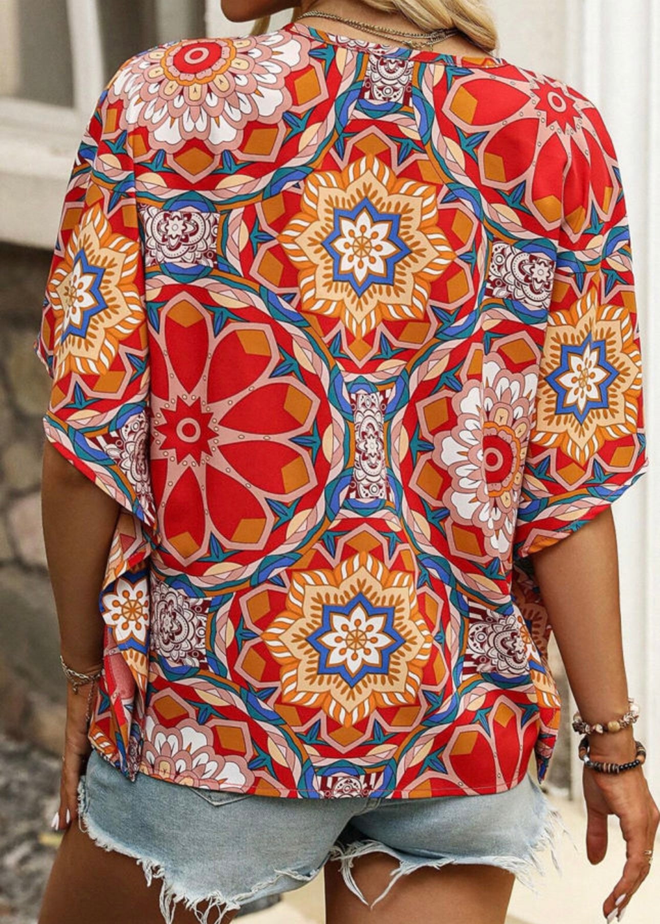 Red Floral Print Batwing Sleeve V Neck Blouse