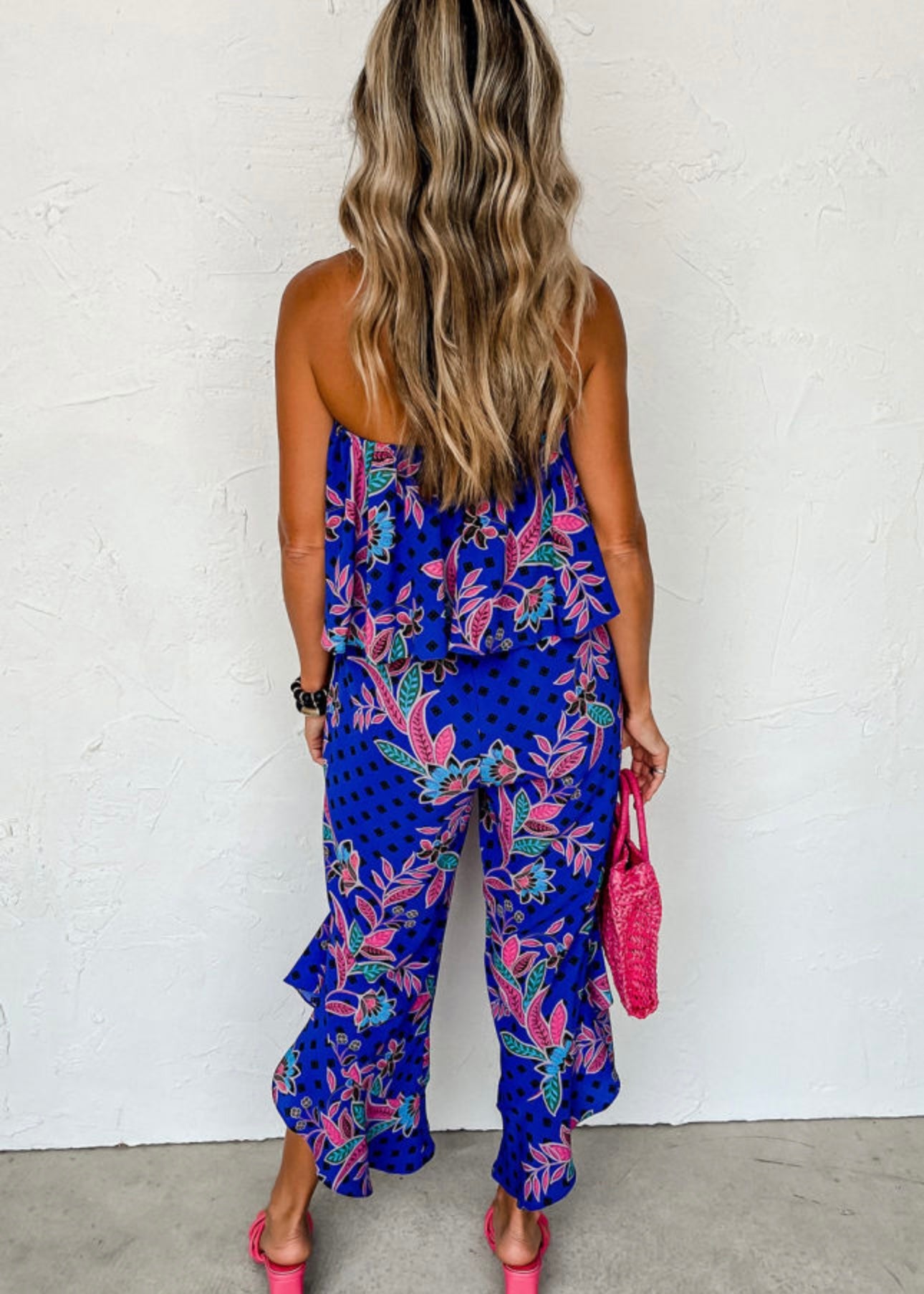 Blue Mix Tropical Print Strapless Ruffled Jumpsuit