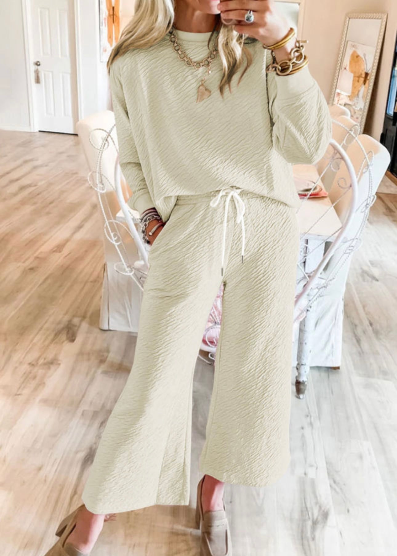 White Textured Long Sleeve Top Drawstring Pants Set