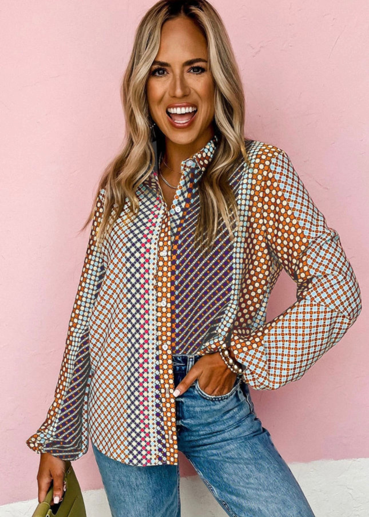 Brown Dot Print Long Sleeve Button Down Shift Shirt