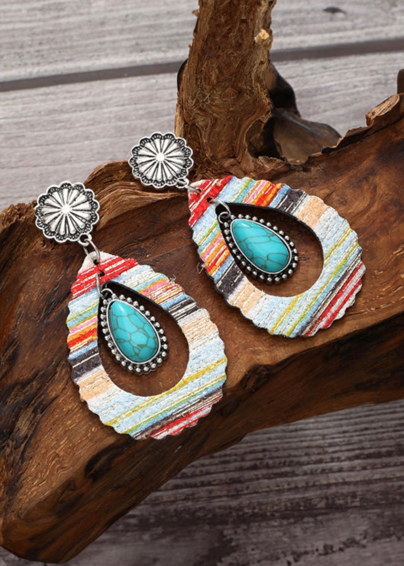 Red Hollowed Waterdrop Shape Leather Turquoise Earrings