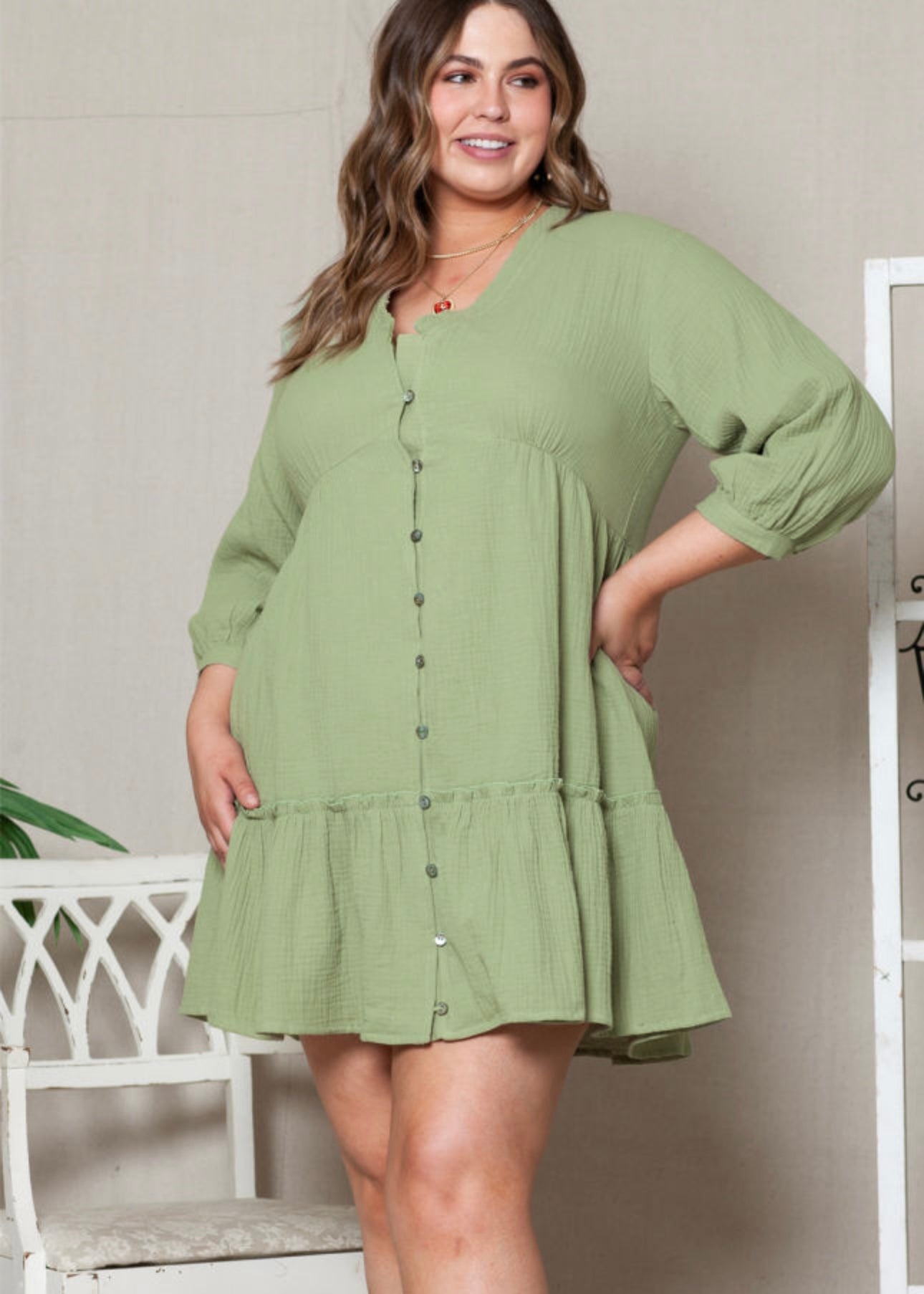 Green Textured Ruffled Buttoned V Neck Plus Size Mini Dress