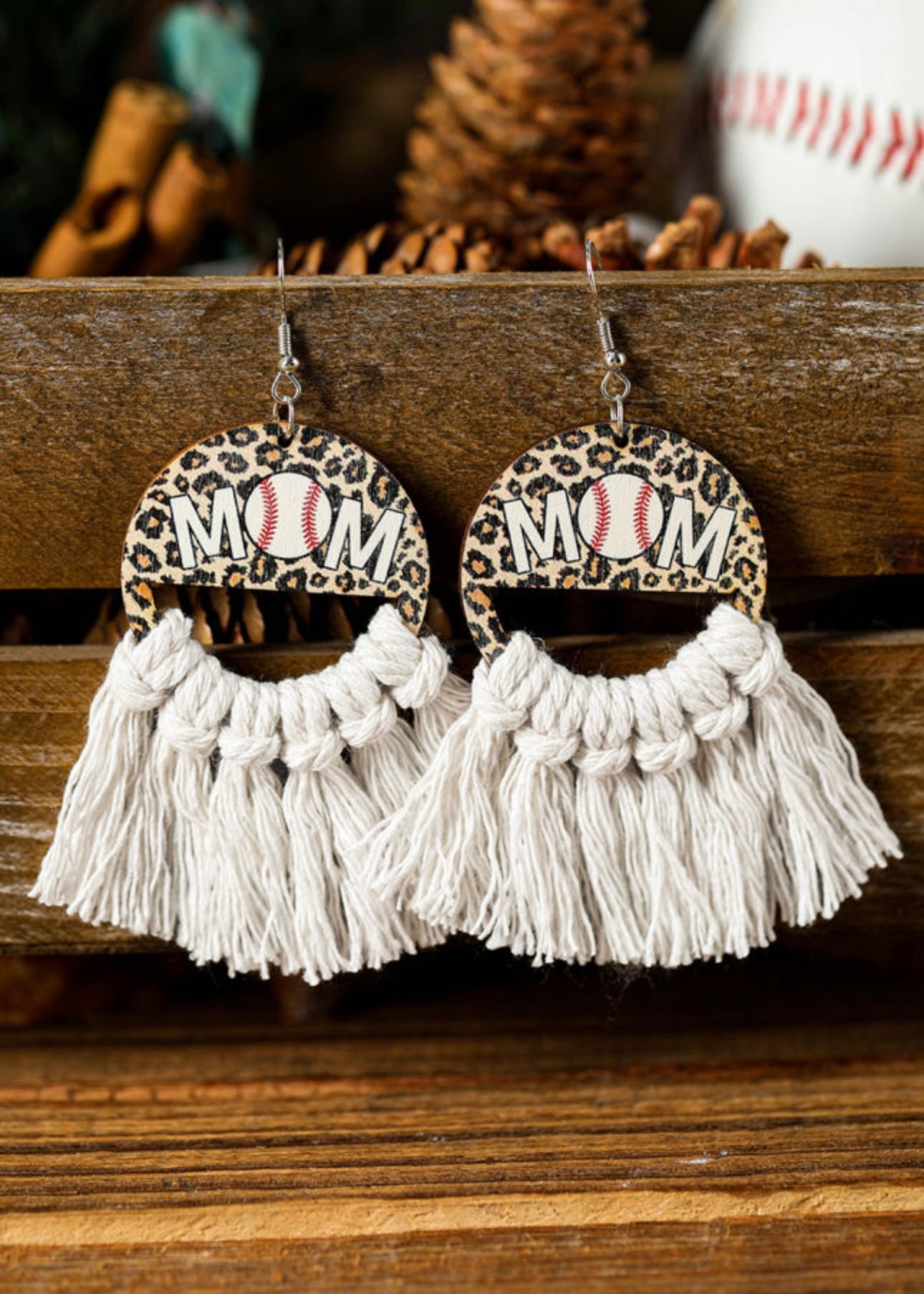 White Leopard Baseball MOM Print Fringed Hook Earrings