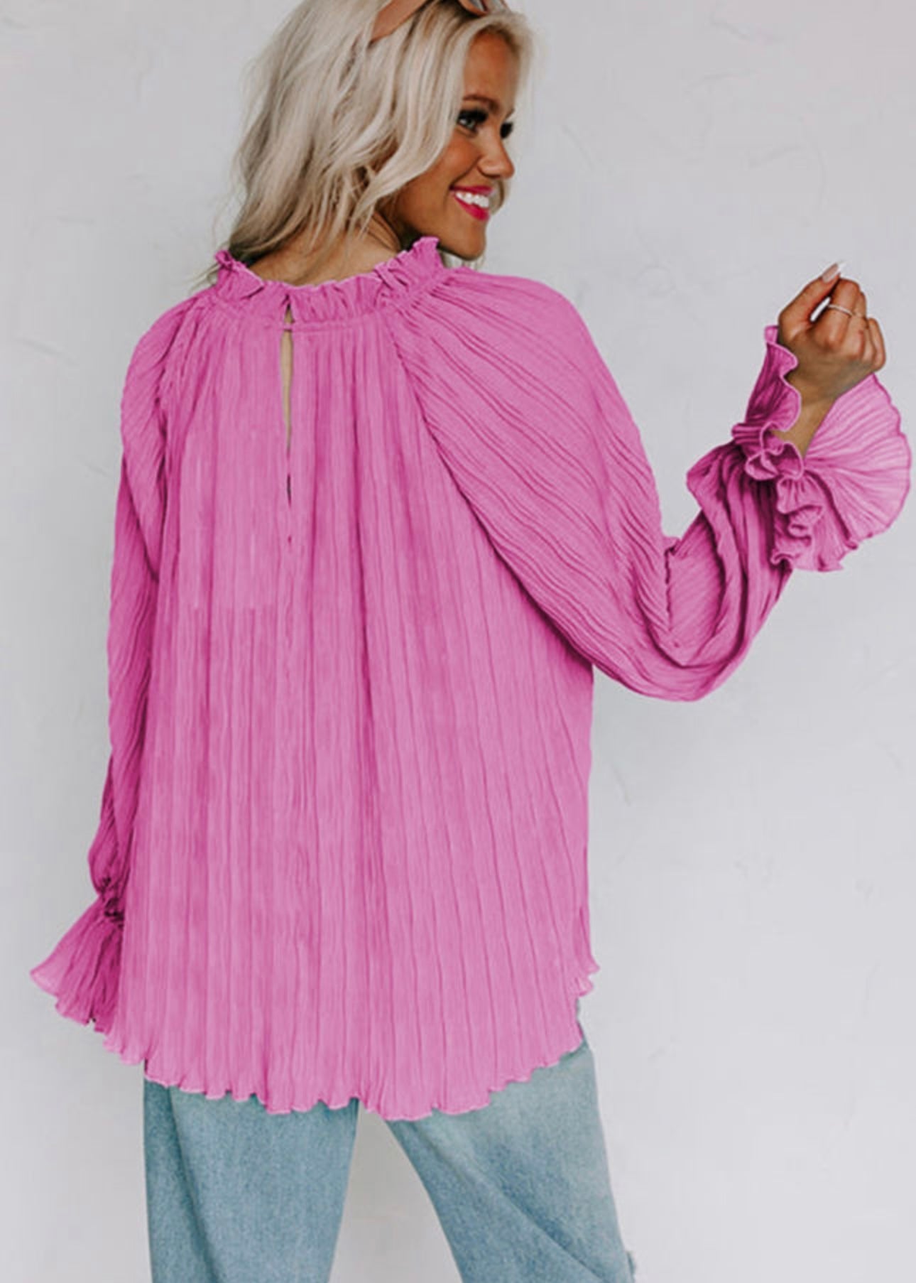 Pink Striking Pleated Flared Cuff Long Sleeve Blouse