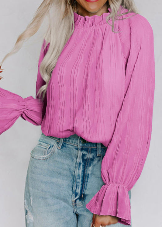 Pink Striking Pleated Flared Cuff Long Sleeve Blouse