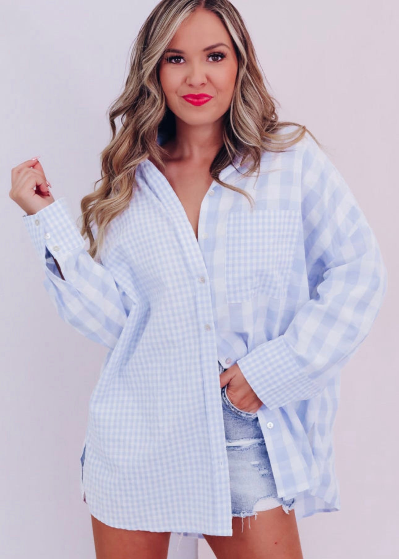 Sky Blue Mix Checked Patchwork Long Sleeve Shirt