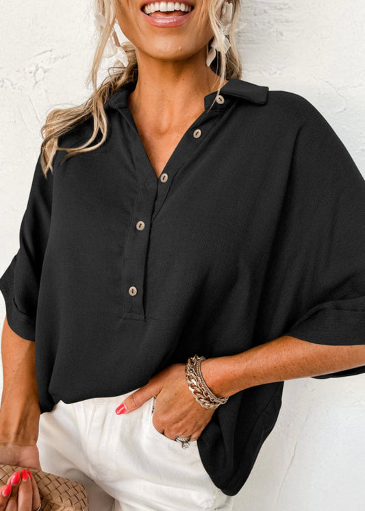 Black Collared Half Buttons Folded Short Sleeve Oversize Top