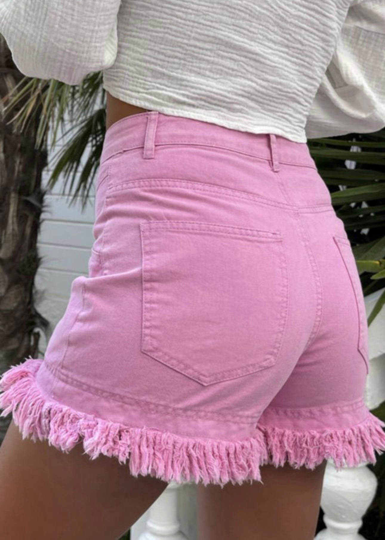 Pink Frayed Edge Mid Rise Denim Shorts