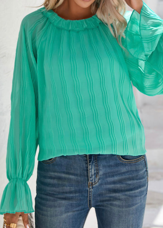 Green Striking Pleated Flared Cuff Long Sleeve Blouse