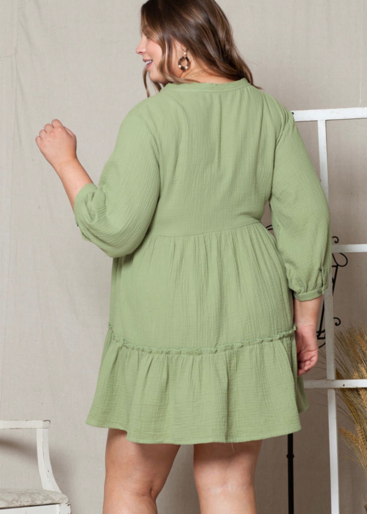 Green Textured Ruffled Buttoned V Neck Plus Size Mini Dress