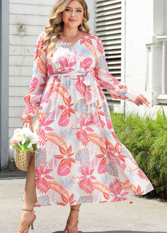 Multicolor Tropical Palm Print Tie High Waist Plus Size Maxi Dress