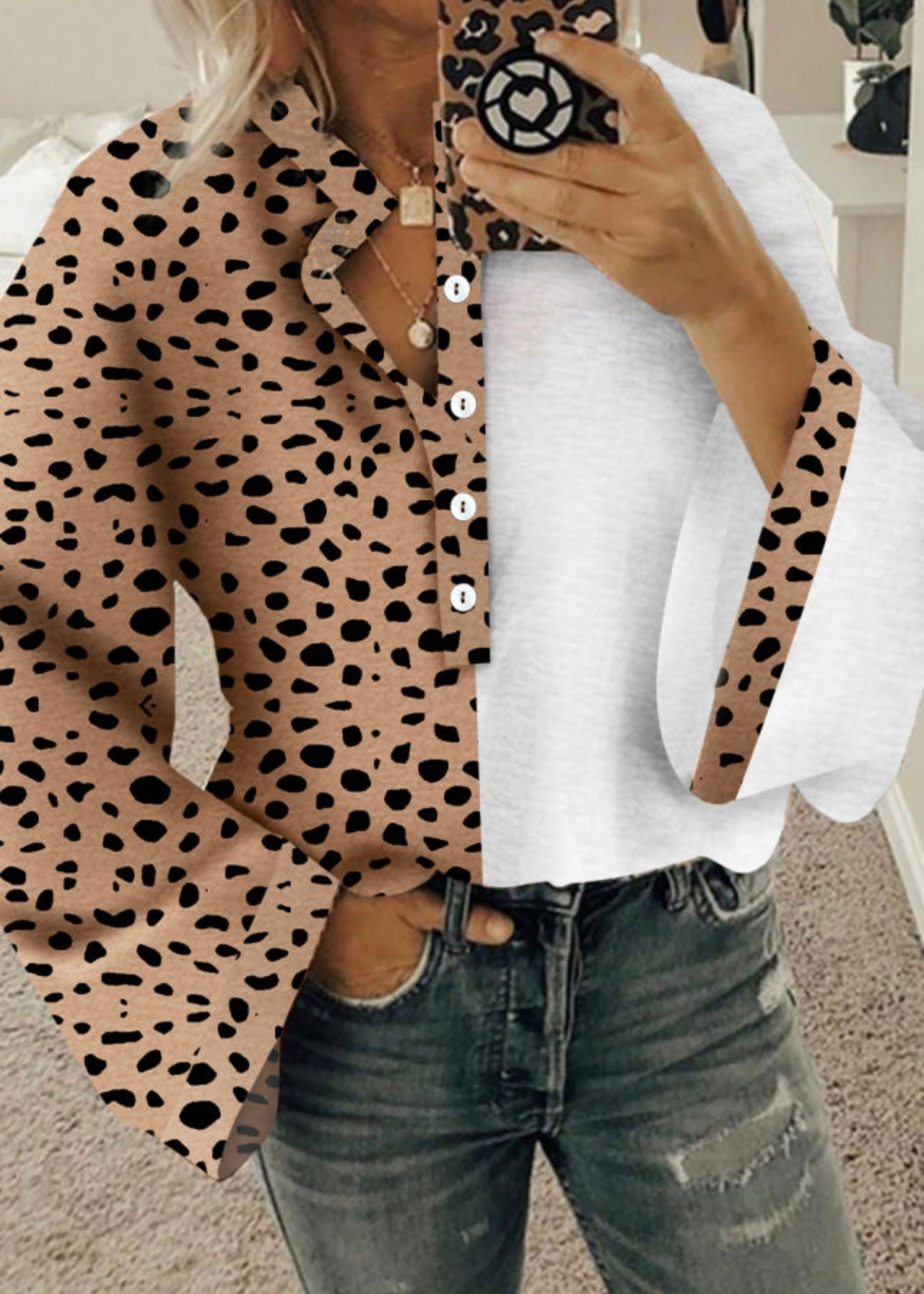 Khaki Leopard Half Button Blouse