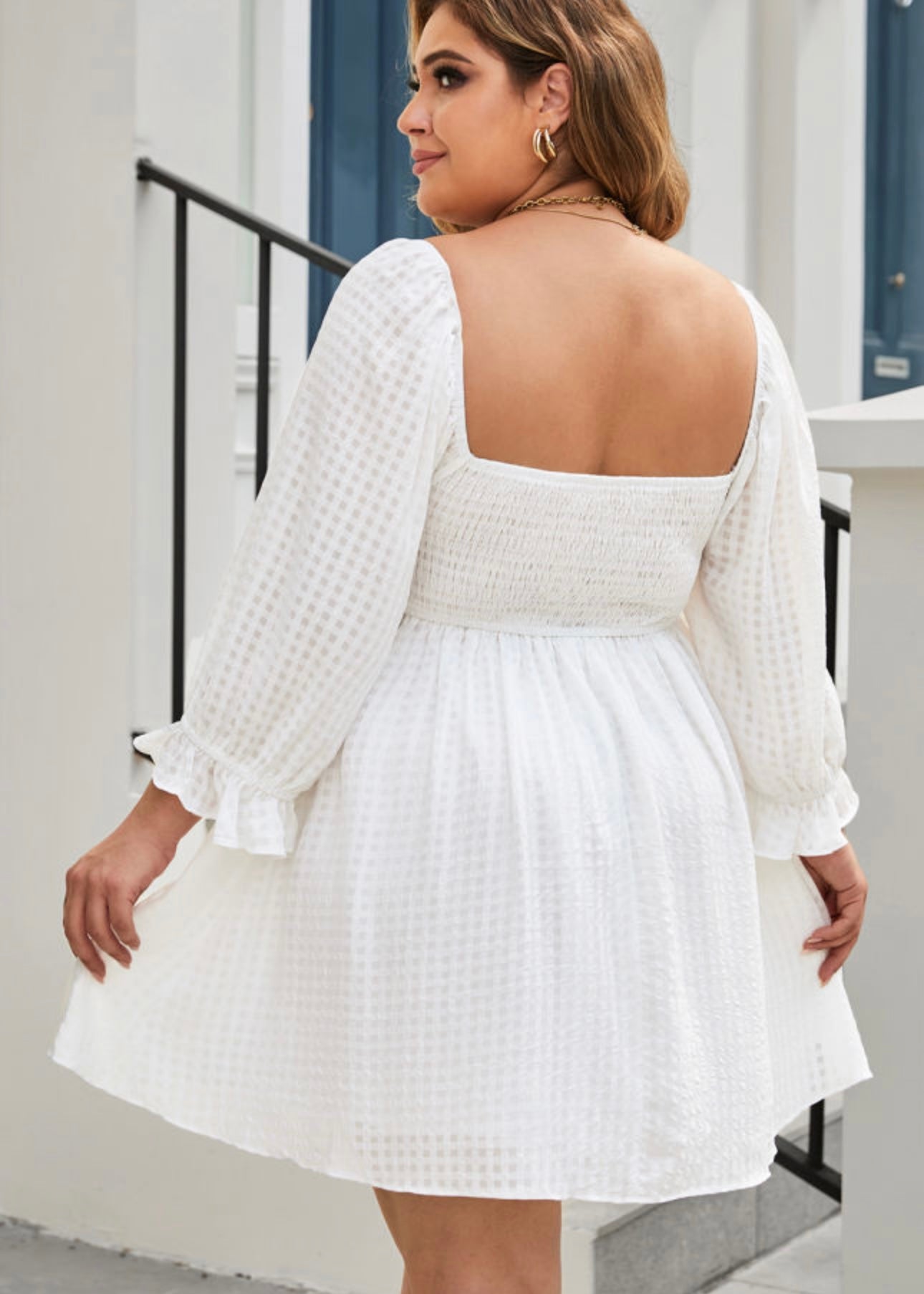 White Gingham Square Neck Puff Sleeve Plus Size Dress