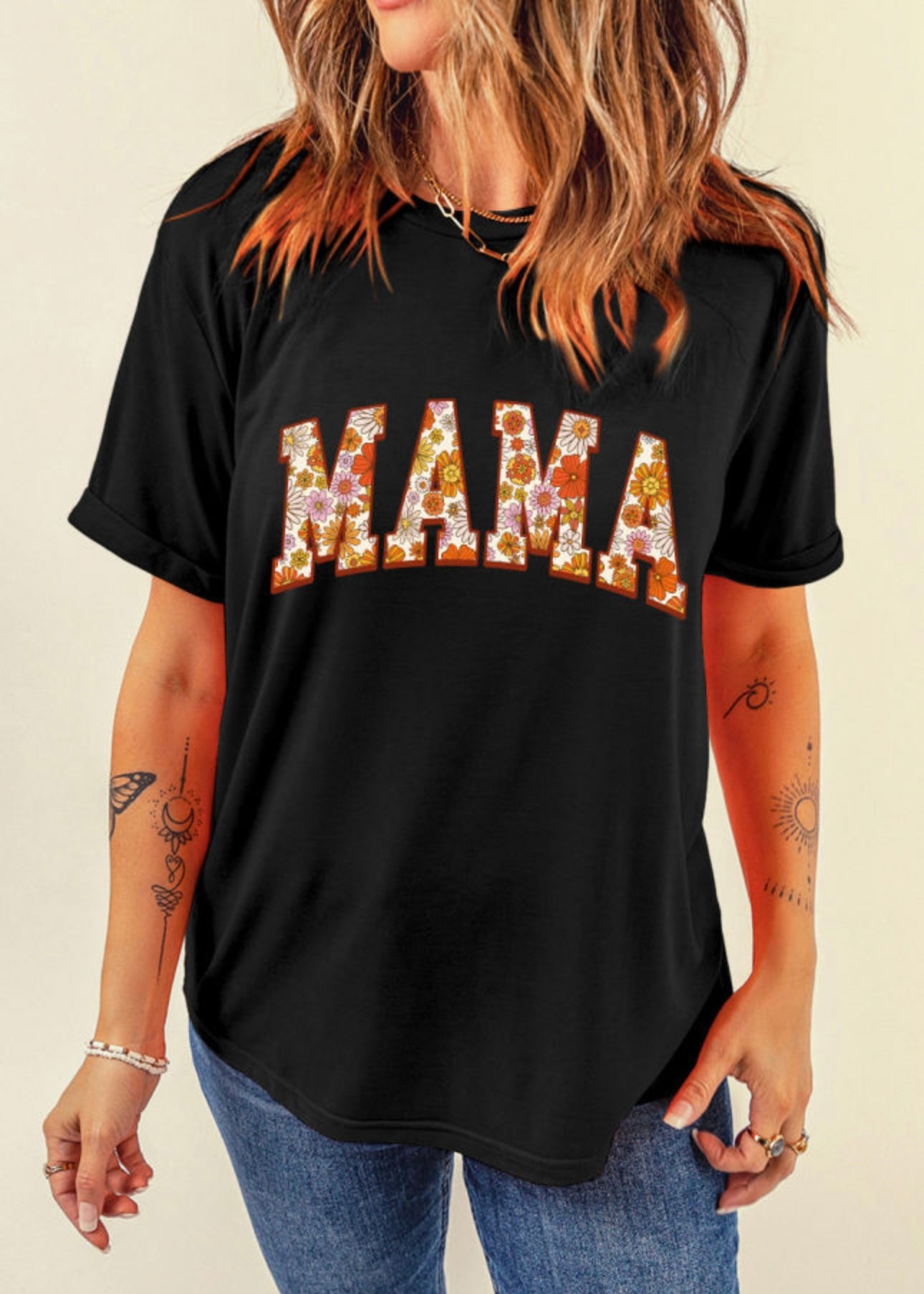 Black Flower Printed MAMA Letter Graphic T-shirt