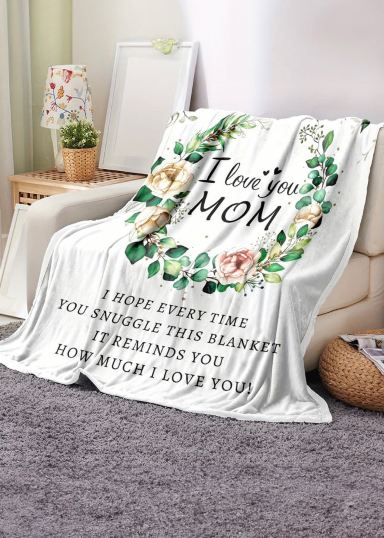 White I Love You MOM Floral Large Blanket 130*150cm