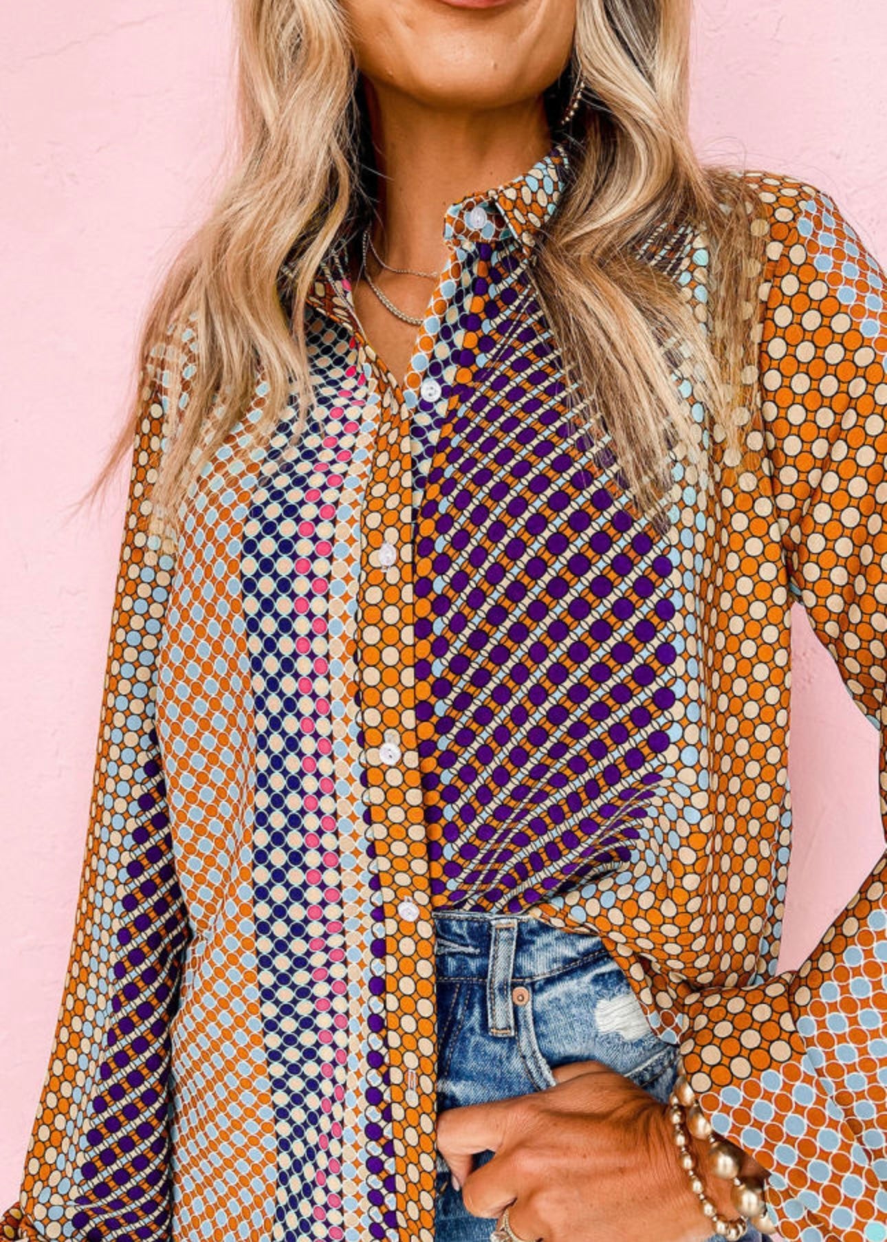 Brown Dot Print Long Sleeve Button Down Shift Shirt