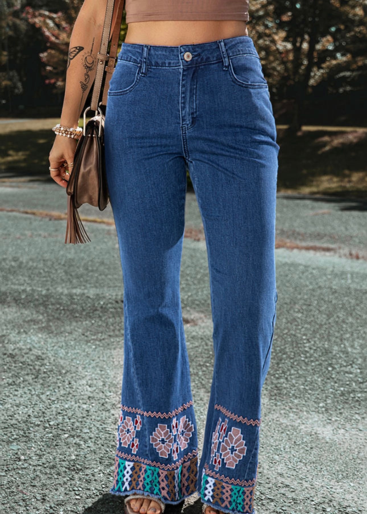 Ashleigh Blue Geometric Embroidered Raw Hem Flared Jeans