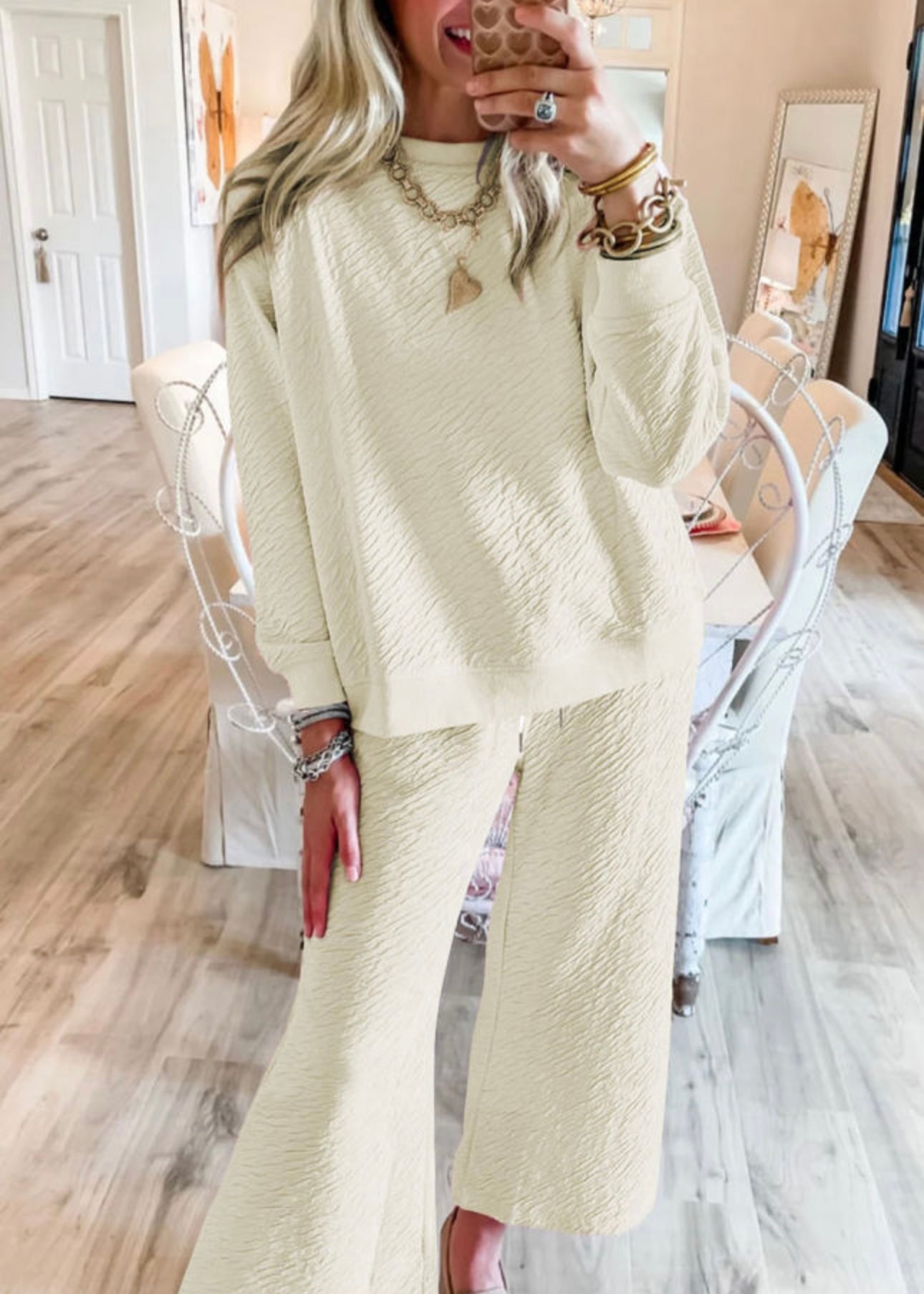 White Textured Long Sleeve Top Drawstring Pants Set