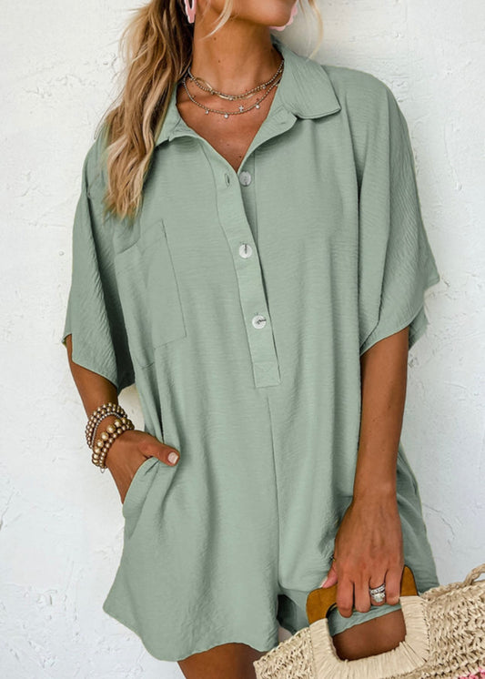 Sage Green Half Button Collared Loose Romper