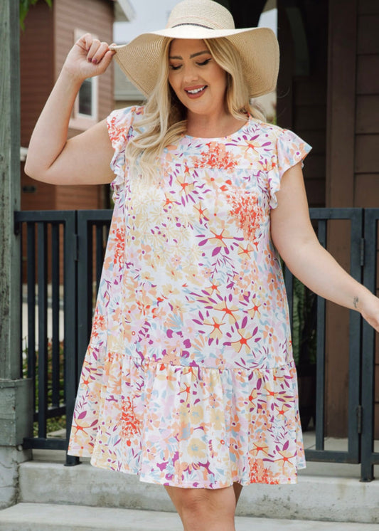 Multicolored Floral Ruffle Print Plus Size Dress