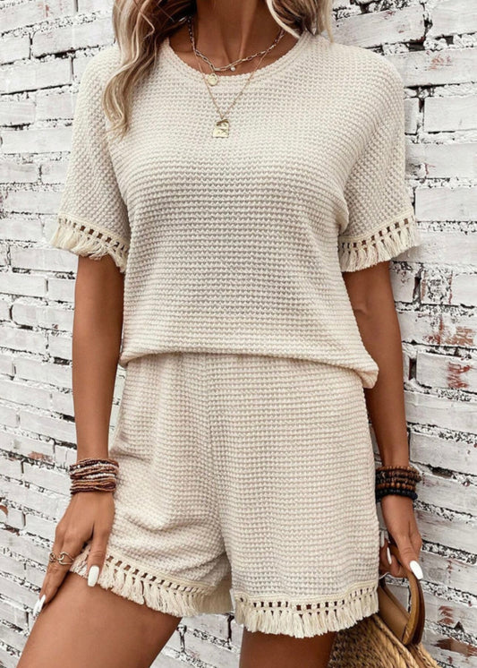 Beige Fringe Trim Textured Short Two Piece Set