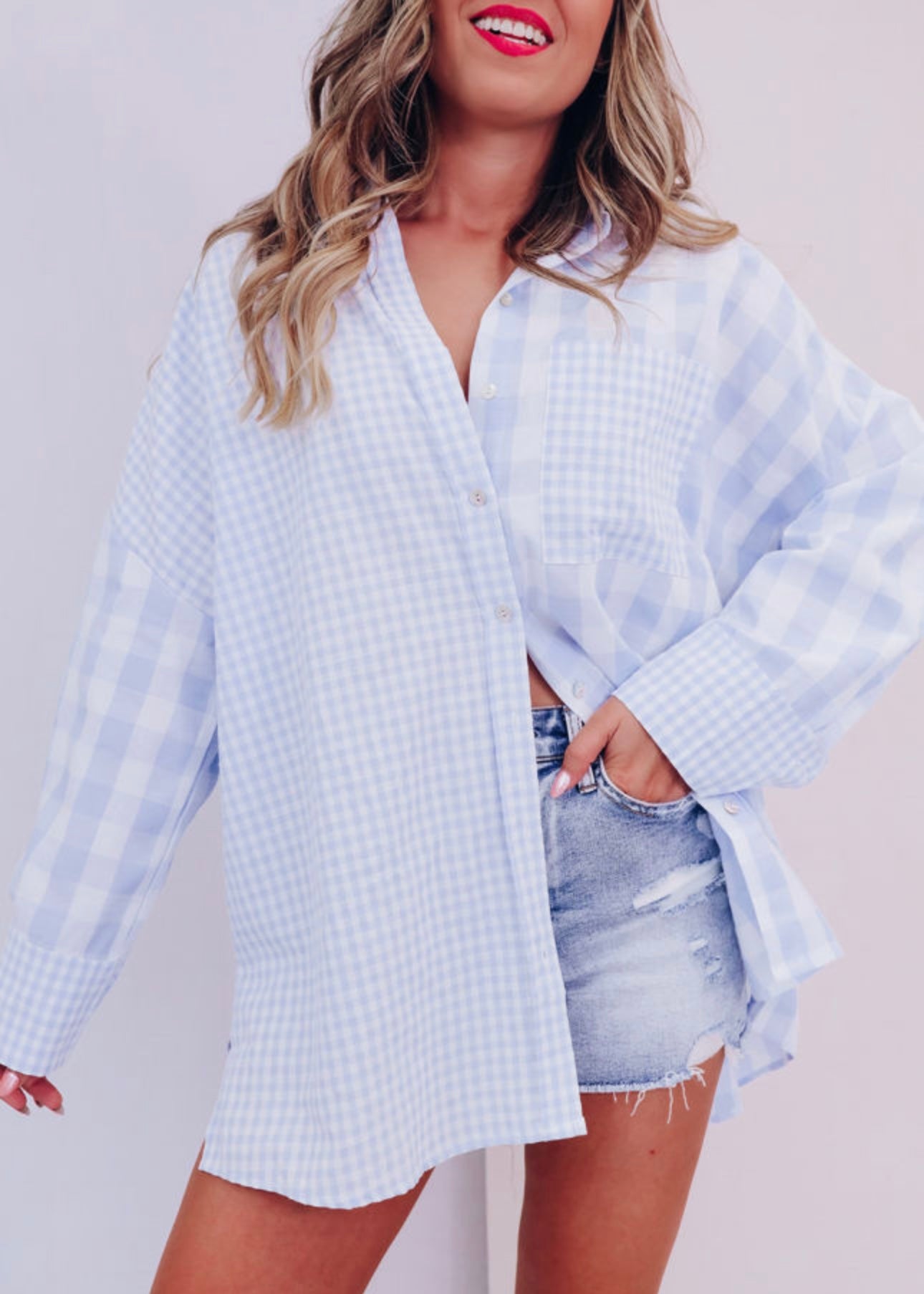 Sky Blue Mix Checked Patchwork Long Sleeve Shirt