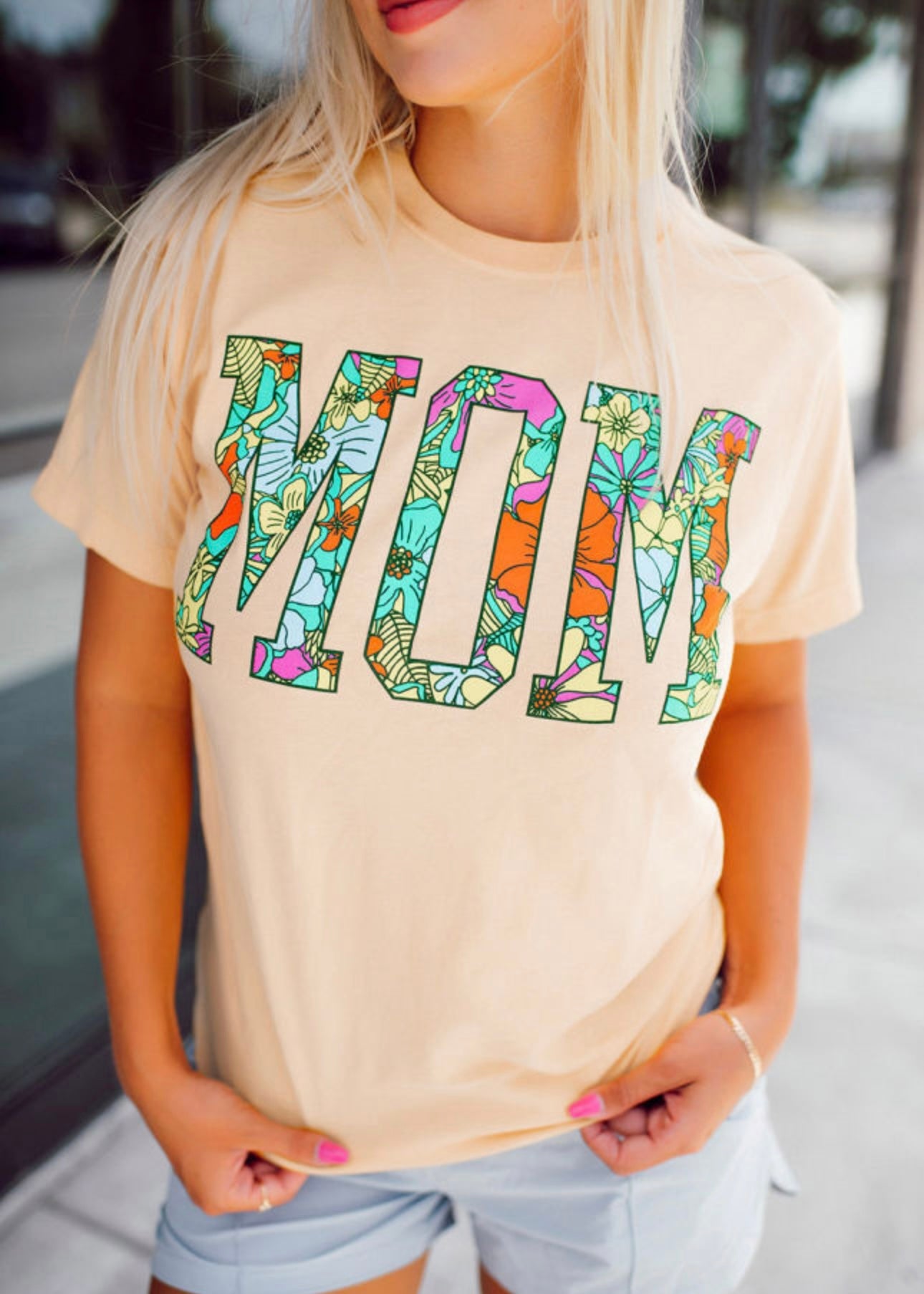 Khaki MOM Floral Letter Print T Shirt