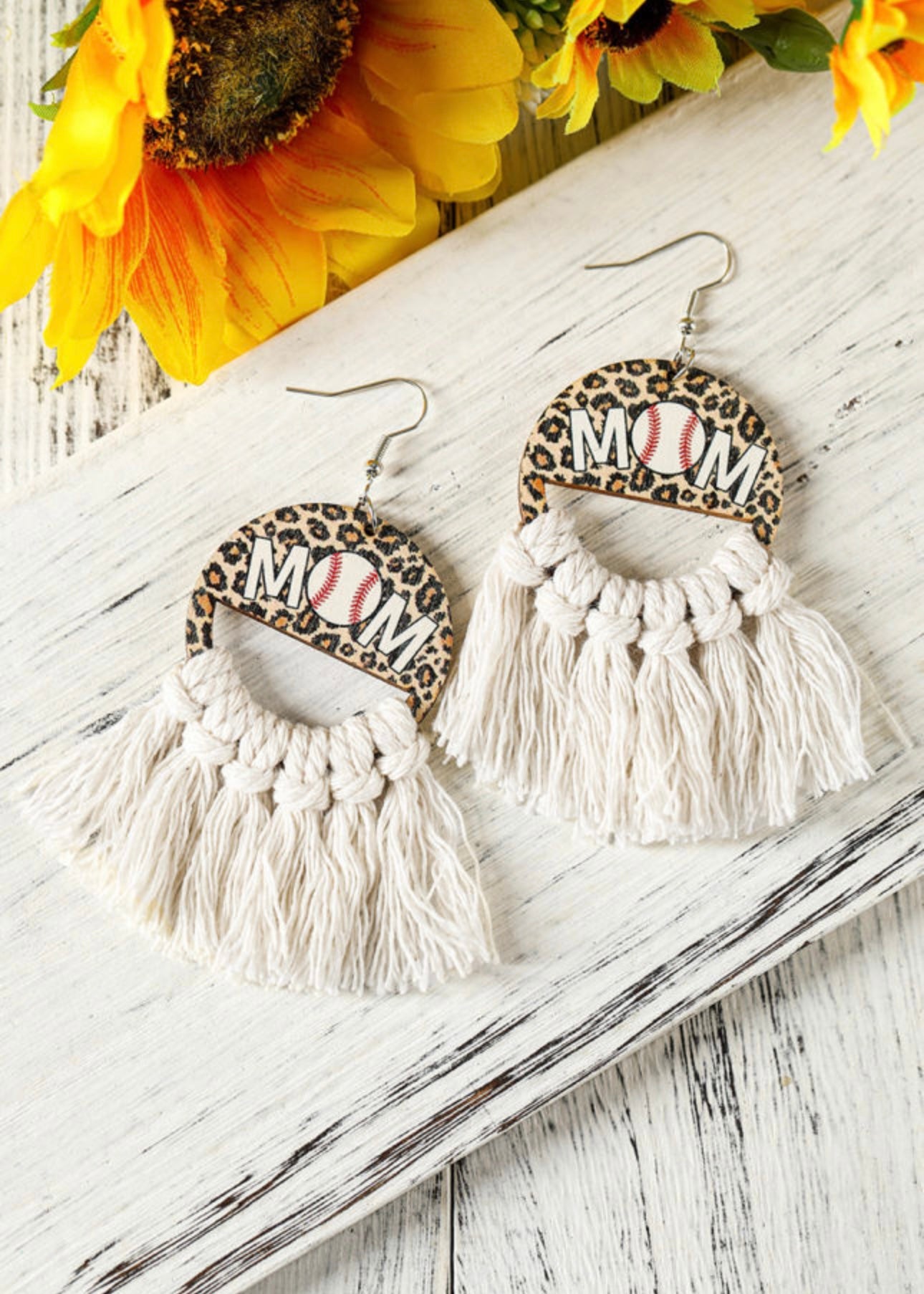 White Leopard Baseball MOM Print Fringed Hook Earrings