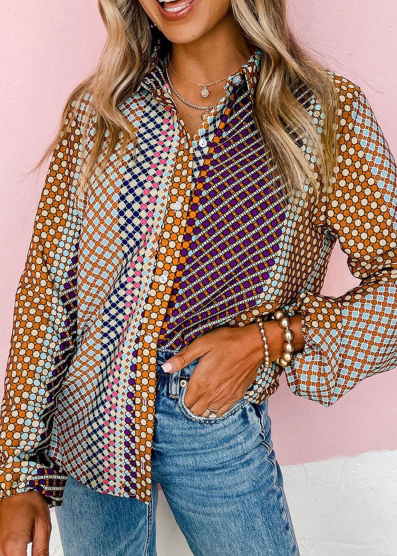 Brown Dot Print Long Sleeve Button Down Shift Shirt