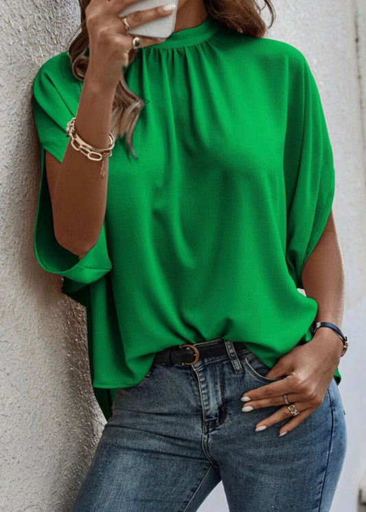 Bright Green Solid Mock Neck Split Batwing Sleeve Blouse