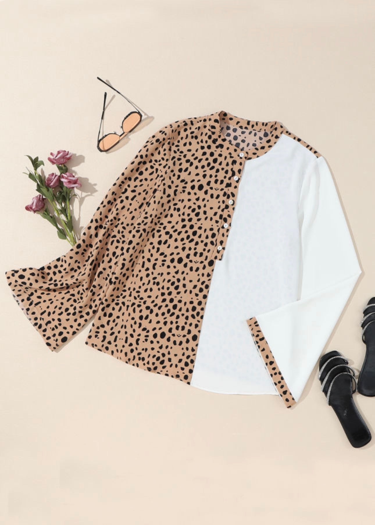 Khaki Leopard Half Button Blouse