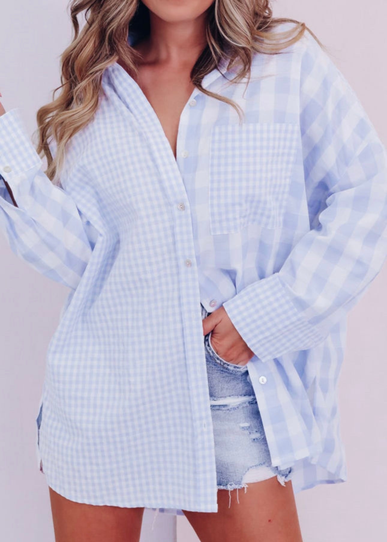 Sky Blue Mix Checked Patchwork Long Sleeve Shirt