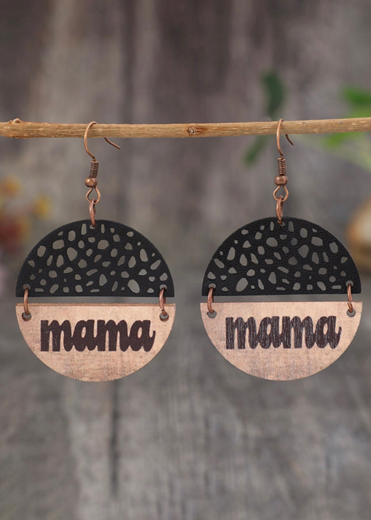 Black Vintage mama Pendant Leather Wooden Earrings