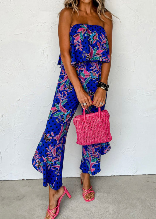 Blue Mix Tropical Print Strapless Ruffled Jumpsuit