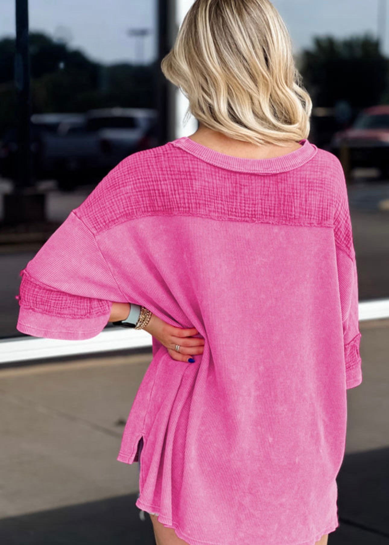 Bright Pink Oversized Mineral Wash Textured Bracelet Sleeve Top