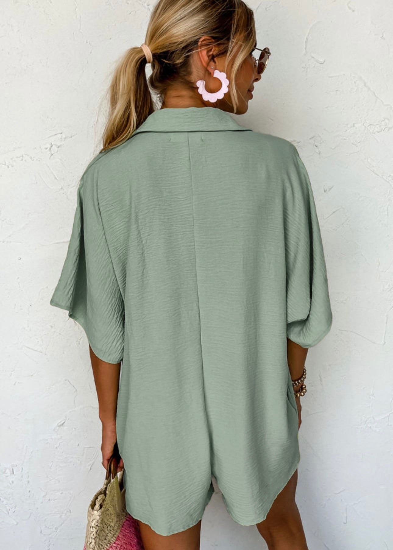 Sage Green Half Button Collared Loose Romper