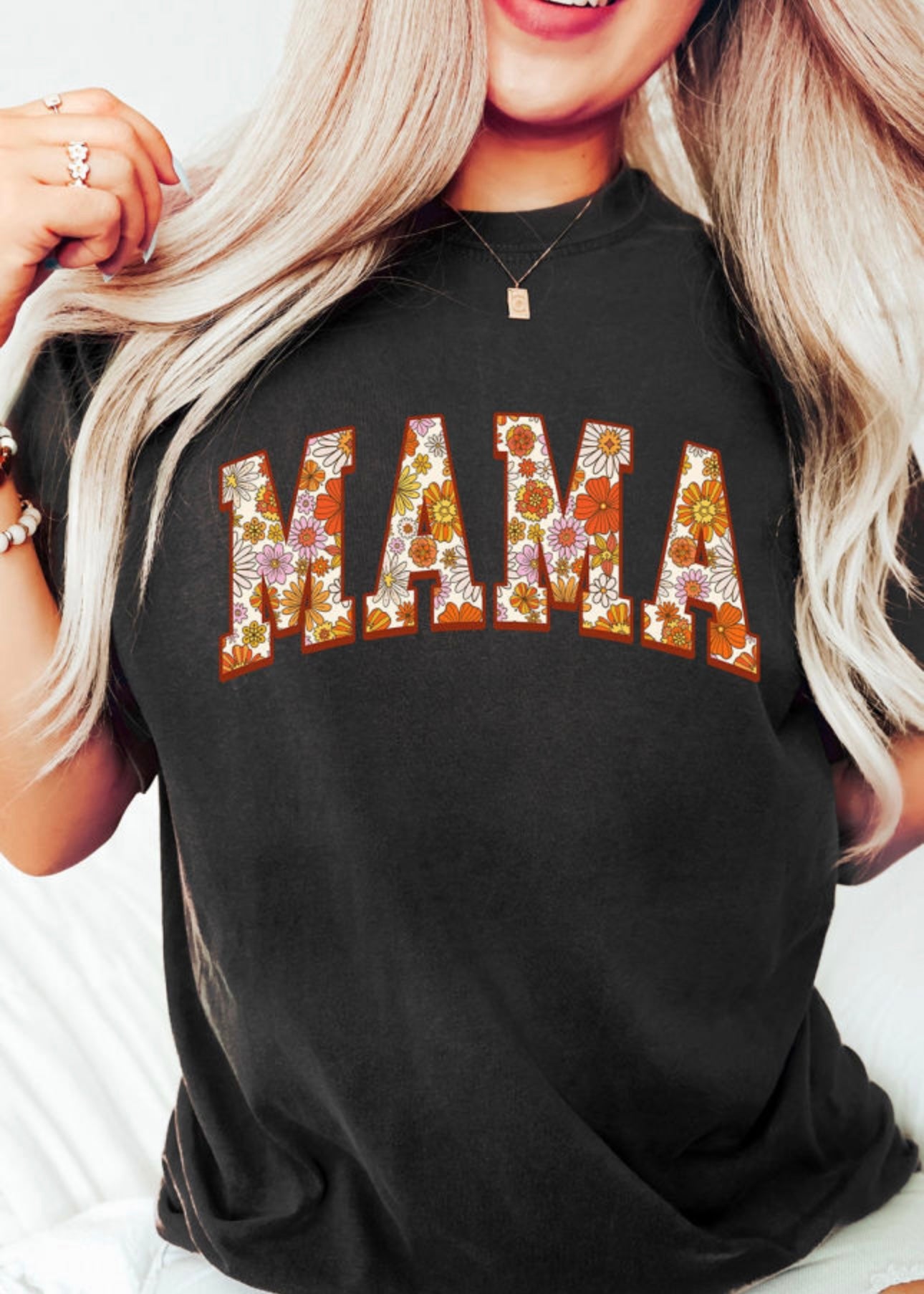 Black Flower Printed MAMA Letter Graphic T-shirt