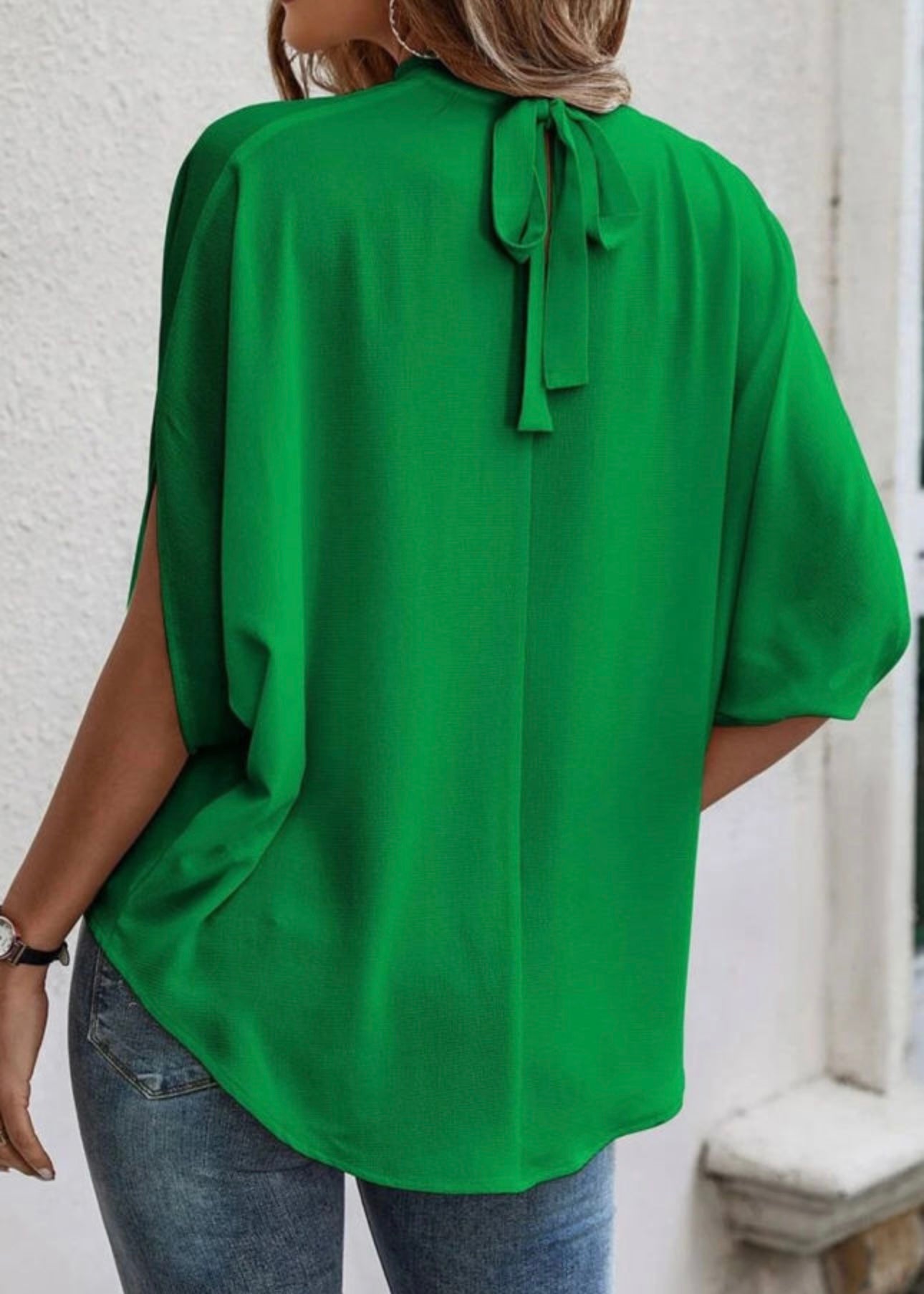 Bright Green Solid Mock Neck Split Batwing Sleeve Blouse