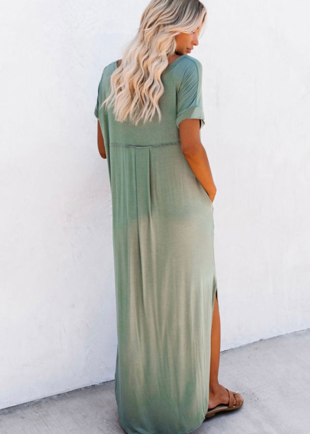 Grass Green V Neck Hidden Pocket Splits Maxi T-shirt Dress