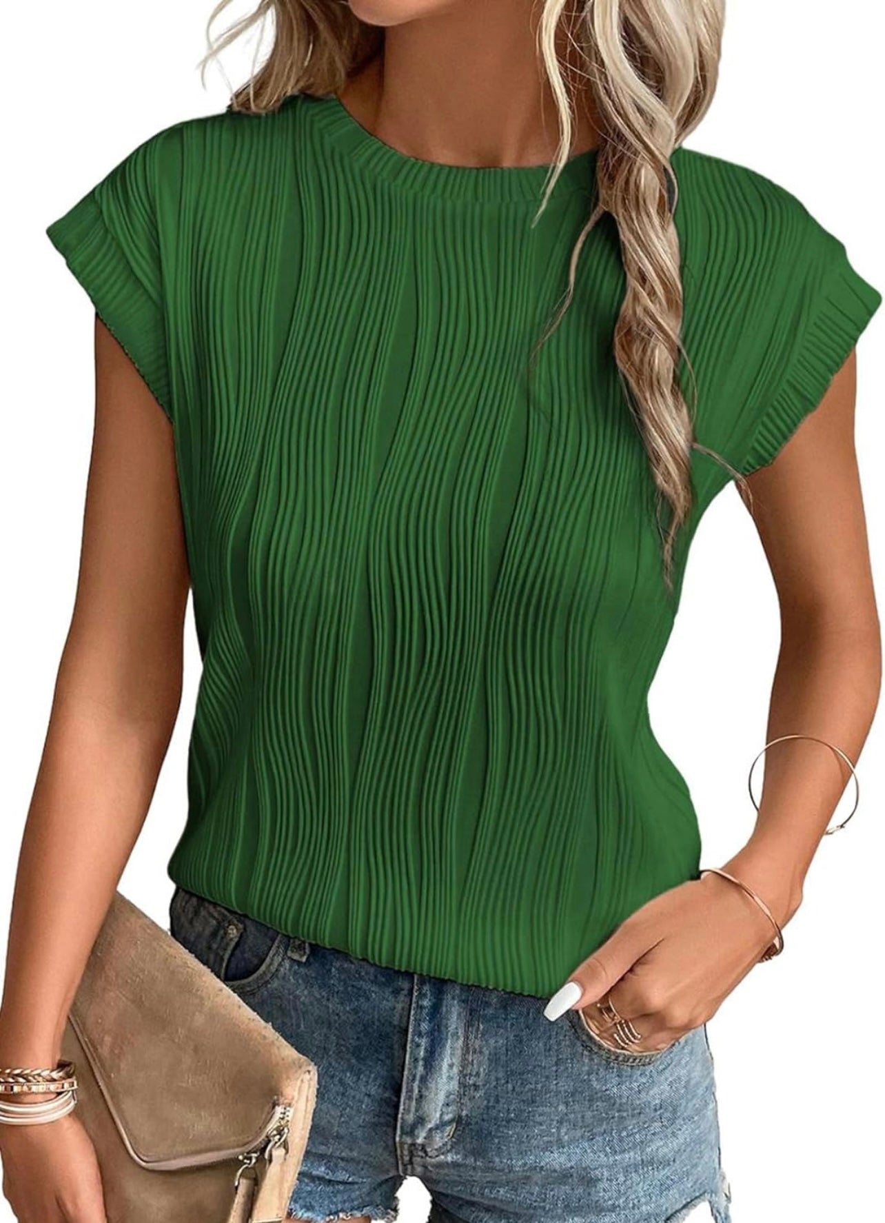 Casual Textured Knit Top-Green